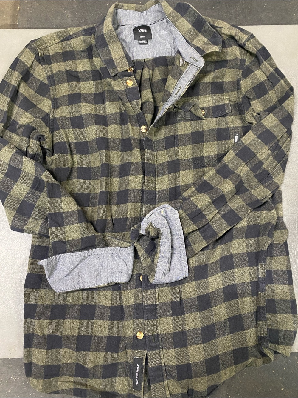 Vans Olive and Black Plaid Flannel Button-Down Shirt